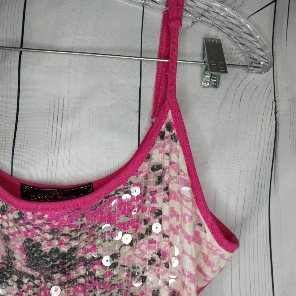 Almost Famous Pink and Silver Sequin Snakeskin Print Y2K Spaghetti Strap Top - Picture 5 of 8